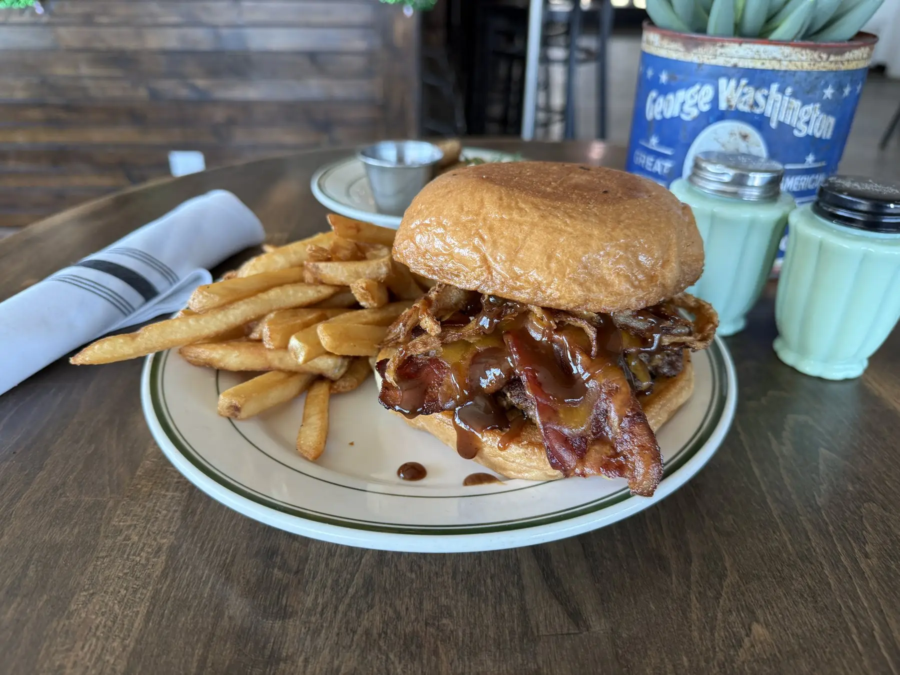 Buford T burger with bacon, cheddar, fried onion and Dr Pepper BBQ glaze