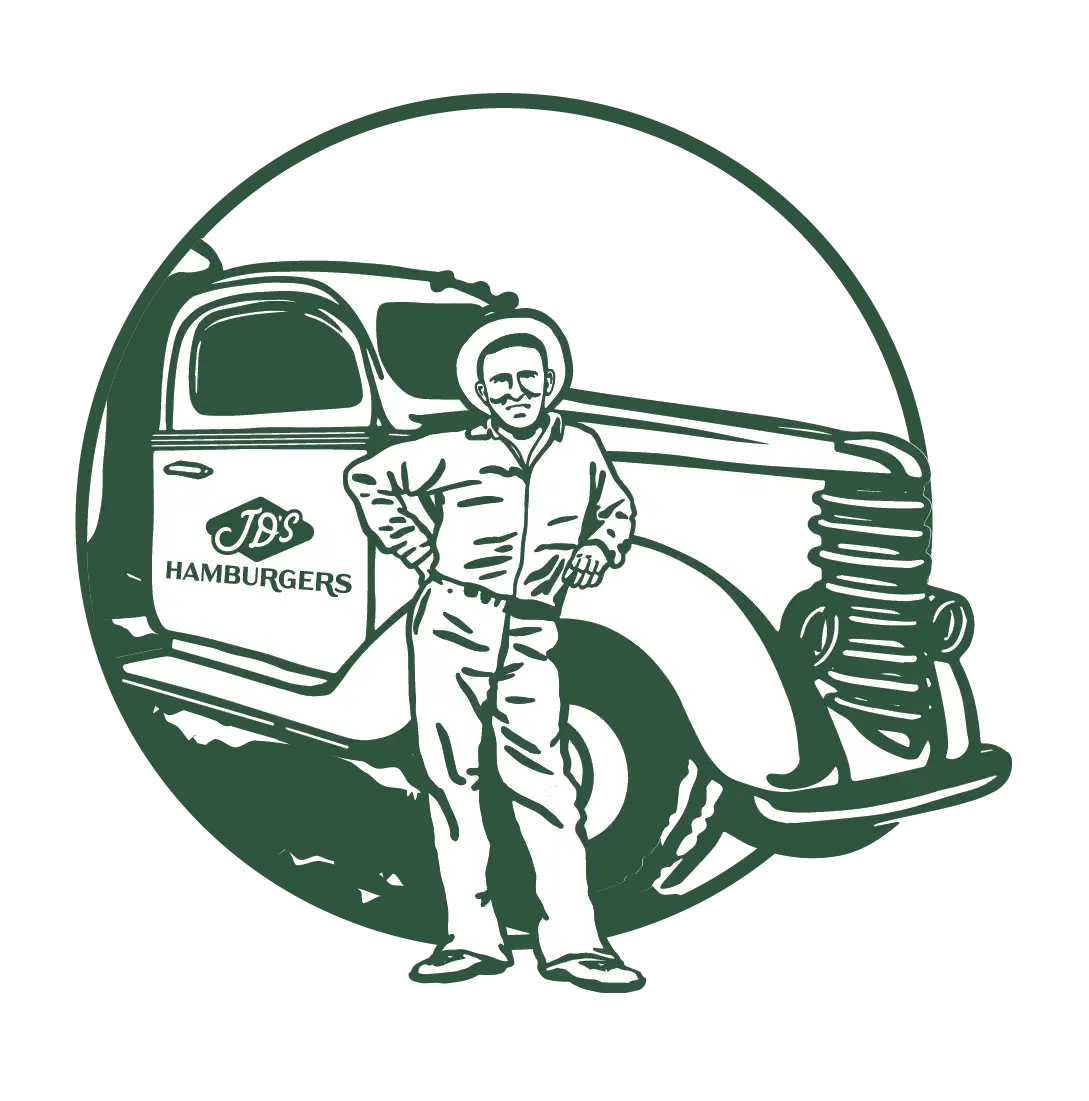 Illustration of J.D. Jimeson leaning on his truck for JD's Hamburgers