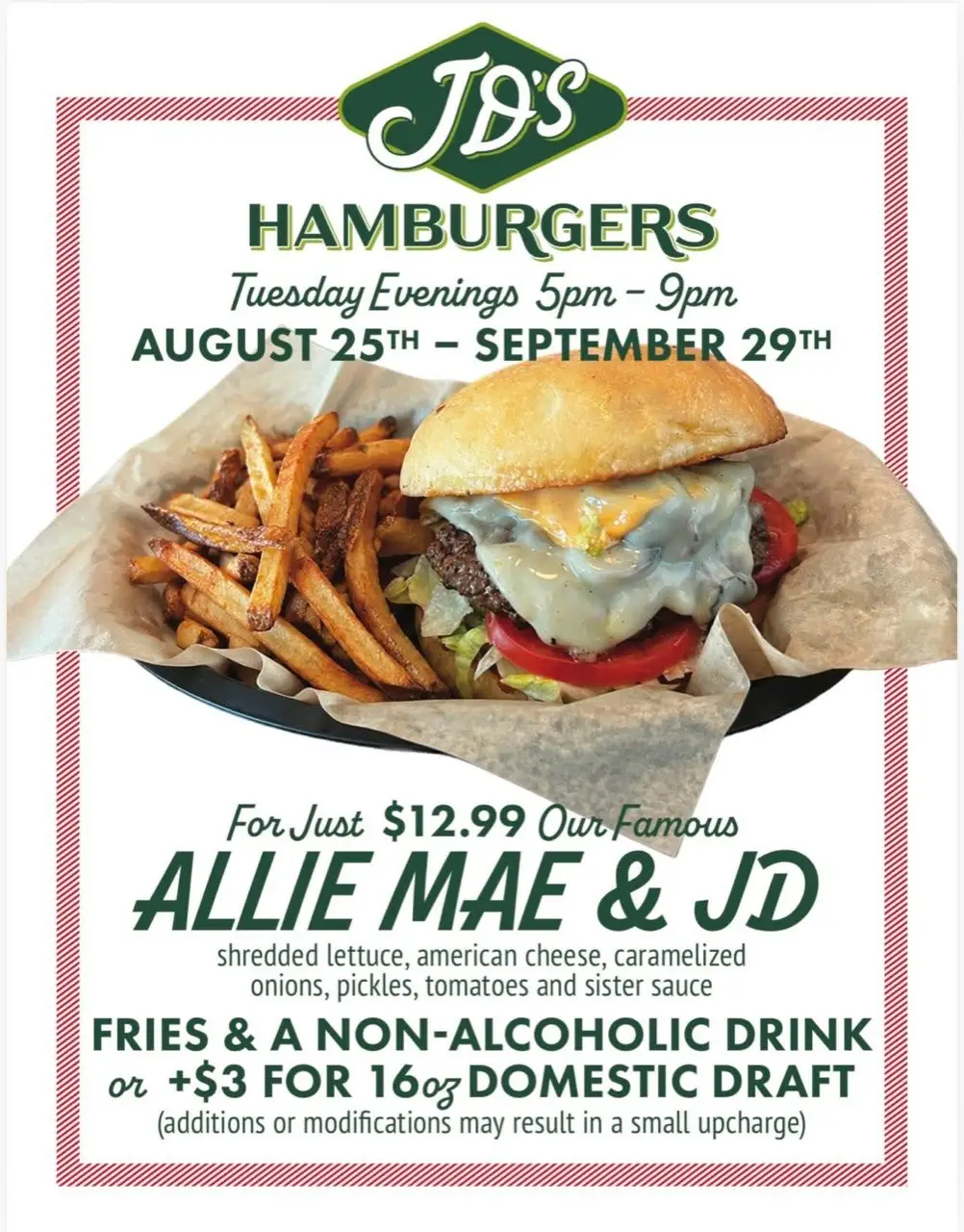 JD'S Hamburgers Tuesday Allie Mae Burger Deal Fort Worth 2026 at JD's Hamburgers